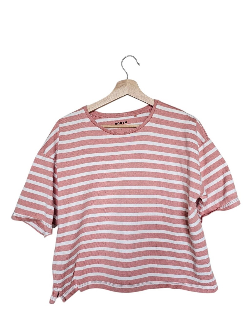 Boden Rose Pink and White 100% Cotton Cropped Striped Tee Size Large